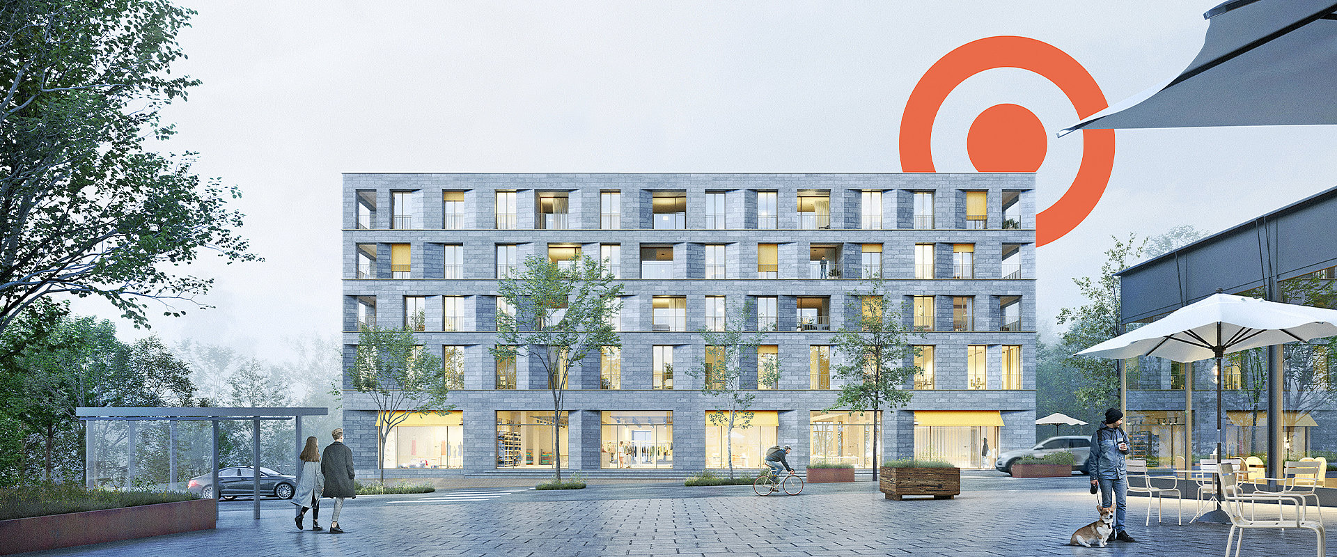 Rendering des neuen Gebäudes Am Garnmarkt 17 in Götzis mit orangem PRISMA Logoelement im Hintergrund.